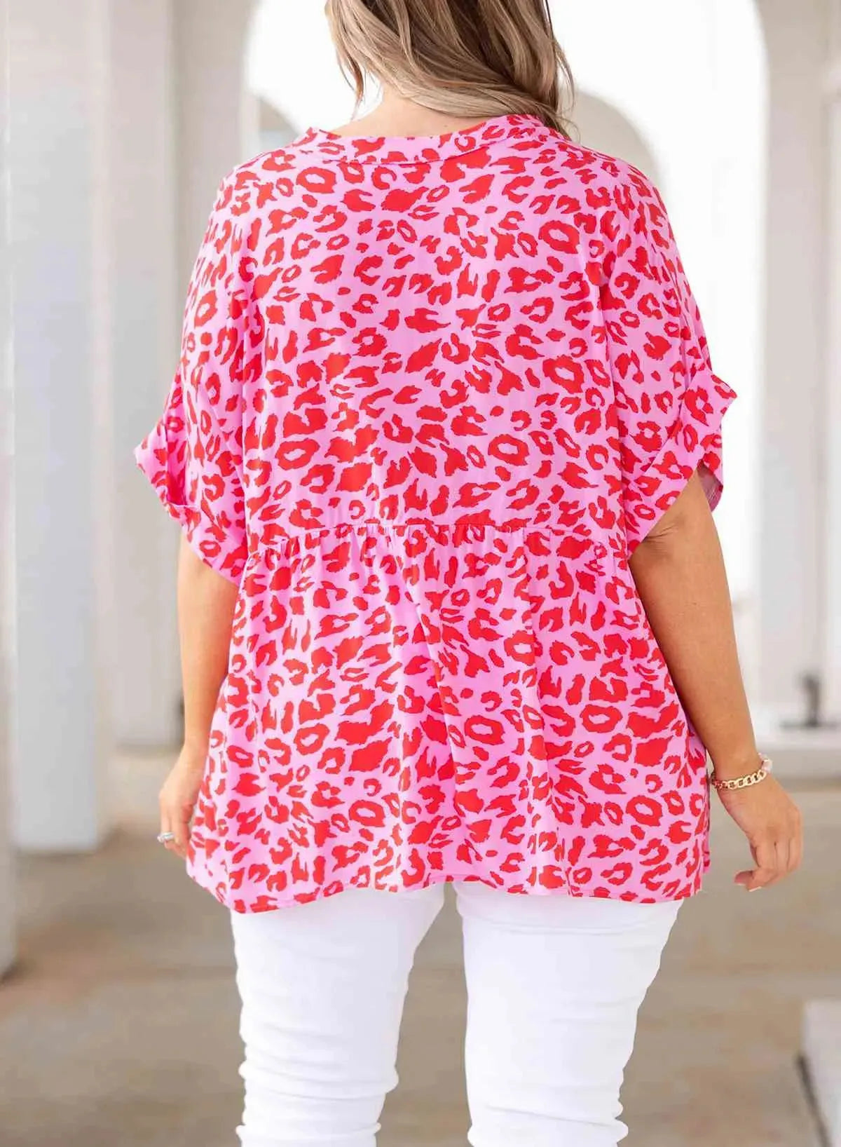 Plus Size Printed Notched Neck Half Sleeve Top Women's T-Shirts - Tophatter Daily Deals